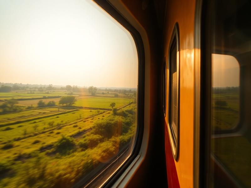 Indian long distance train crossing countryside
