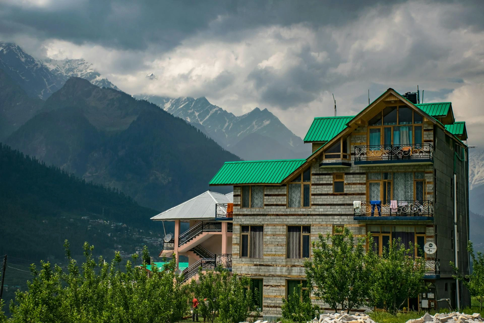 Manali hotel with mountain views and Beas river in background