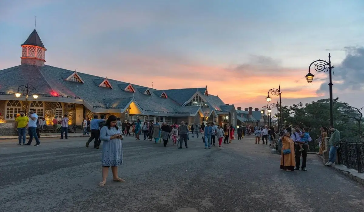 Mall Road Shimla with colonial buildings and Himalayan views in evening light