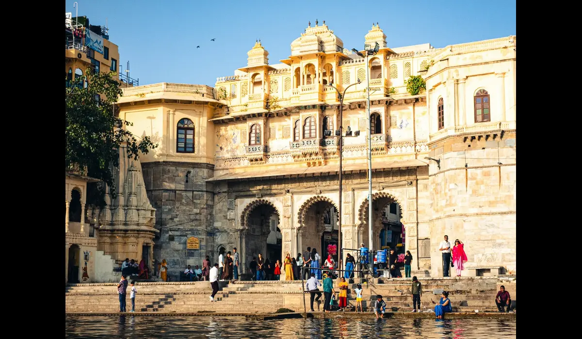 Traveler wearing modest clothing while exploring Udaipur temples
